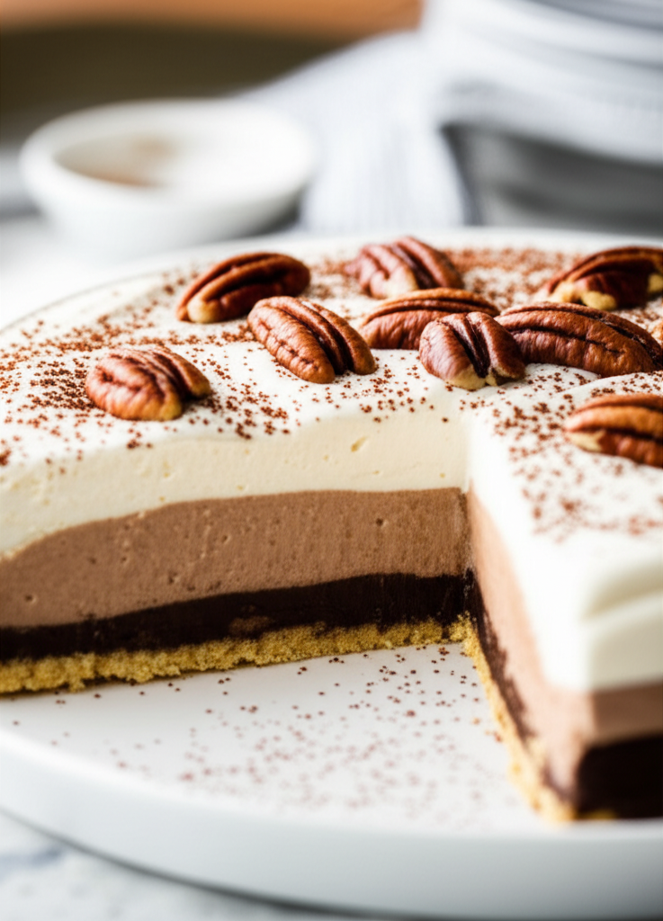Layered mud pie with chocolate, mocha, and cream filling, pecan topping, and cocoa powder dusting.