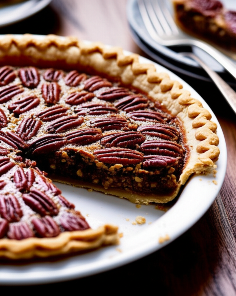 Pecan pie with flaky crust, sliced on a white plate. Filling is dark brown with rows of pecans.