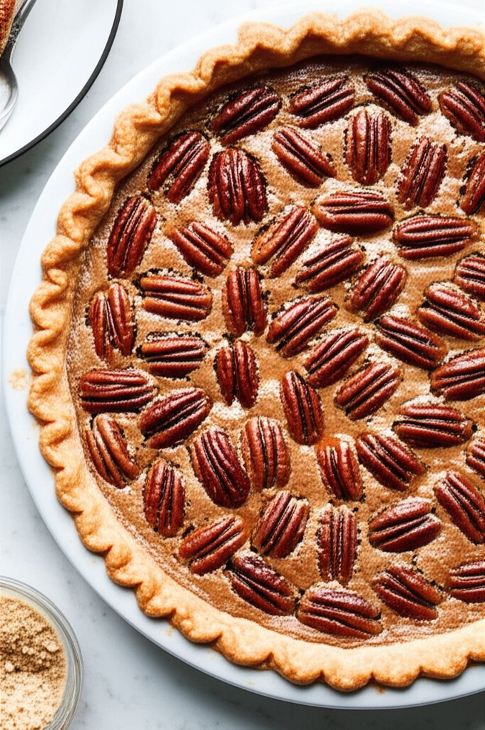 Baked pecan pie with a golden-brown crust and shiny pecan halves arranged on top.