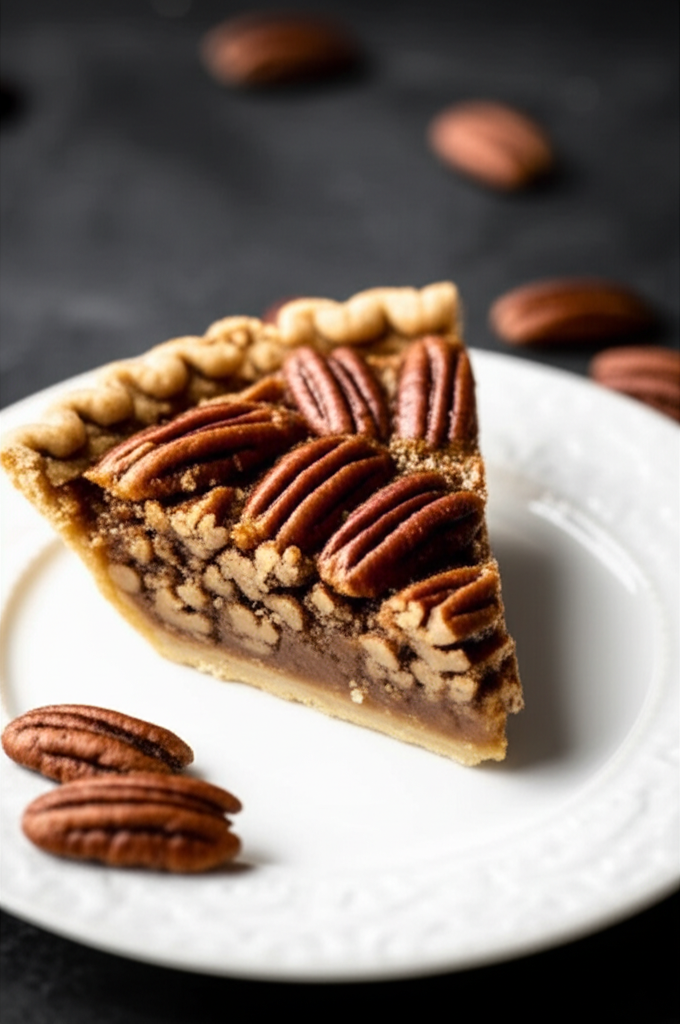 Slice of Georgia Pecan Pie on white plate. Golden crust, pecan filling, and pecan halves arranged on top.