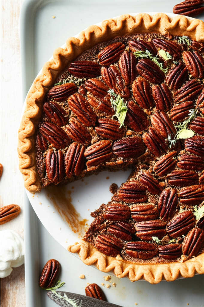 Pecan pie with a slice removed, showing filling and pecan topping. Garnished with herbs. Golden crust.