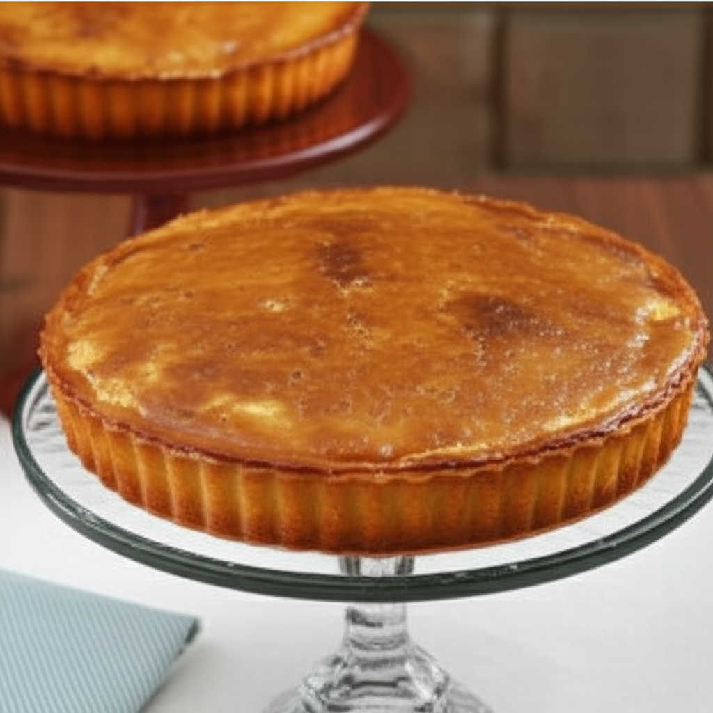 Golden-brown baked pie with a flaky crust, displayed on a glass cake stand.