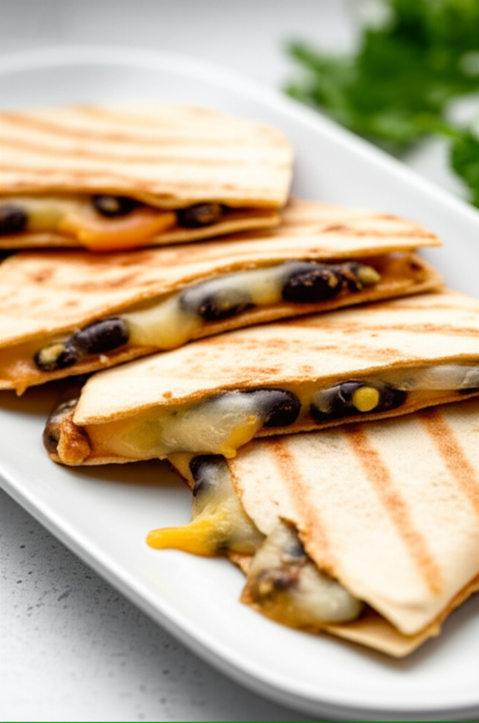 Grilled cheese and bean quesadillas on a white plate, with melted cheese oozing out.