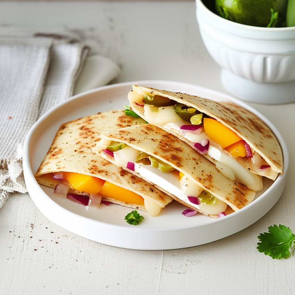 Toasted quesadillas filled with melted brie, mango, red onion, and jalapeños on a white plate.