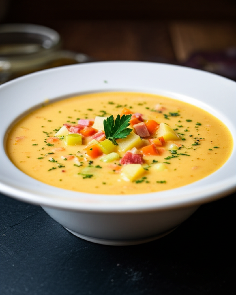 Creamy yellow soup with diced ham, carrots, potatoes, and parsley in a white bowl.