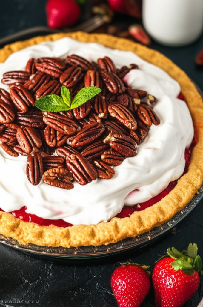 Golden-crusted strawberry pie topped with whipped cream, pecans, and mint. Strawberries beside pie.