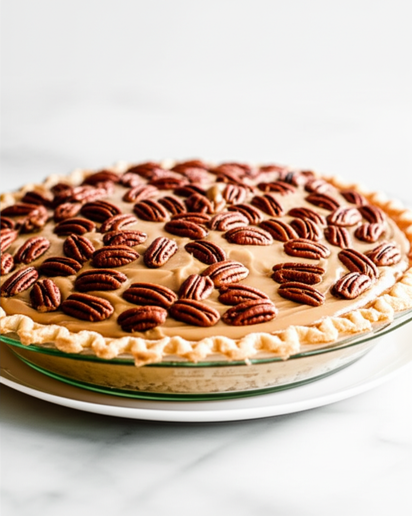Praline pie with golden crust, filled with caramel and topped with rows of pecans.