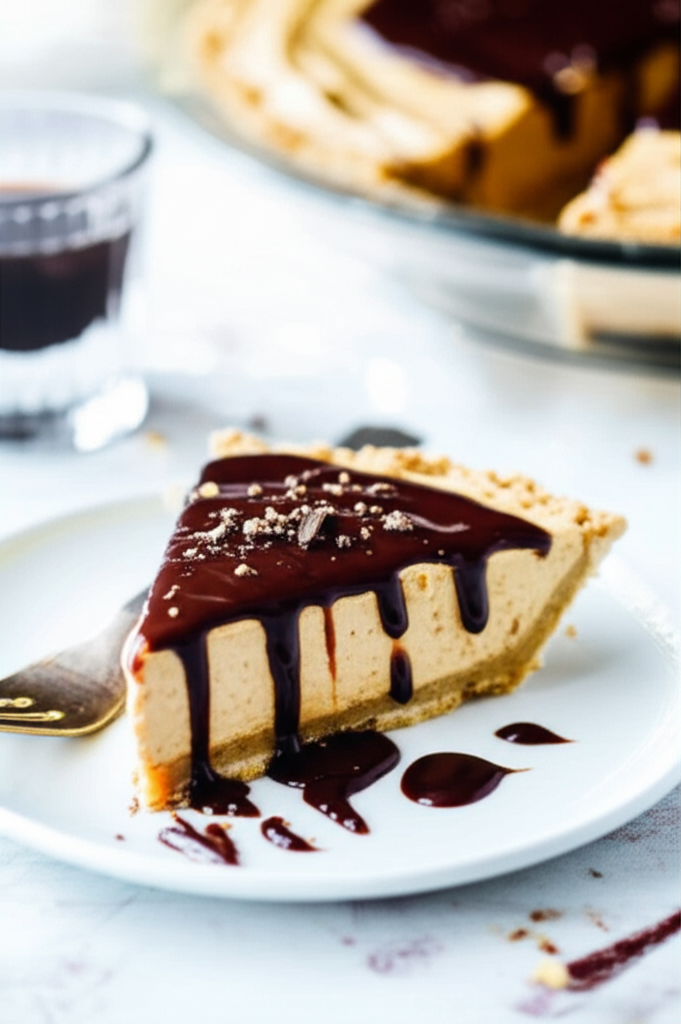 Peanut butter pie slice with fudge topping, served on a white plate with a fork. Whole pie in background.