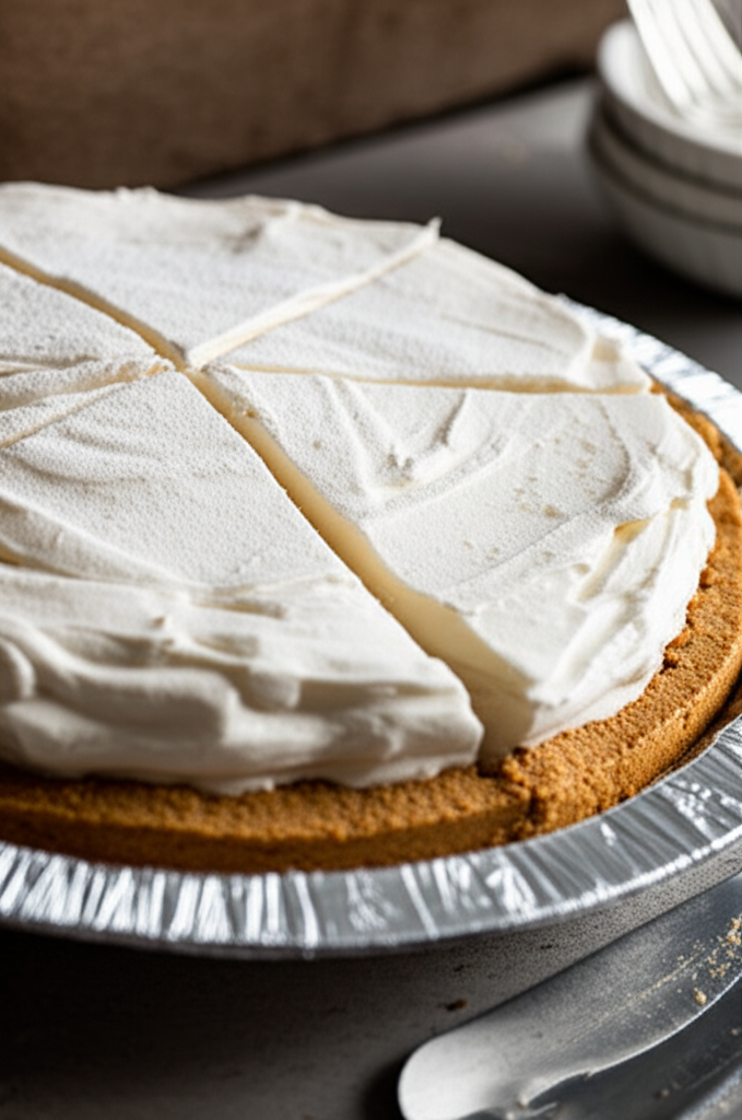 Sliced peanut butter pie with a graham cracker crust and creamy white filling, dusted with powdered sugar.