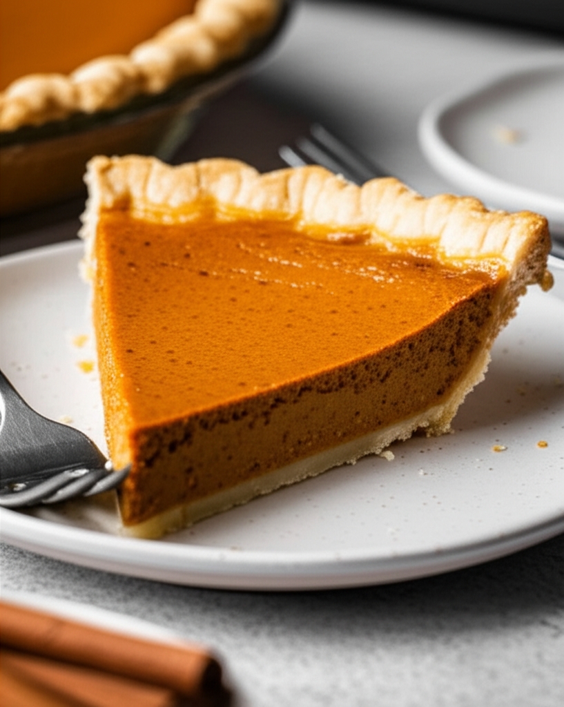 Slice of pumpkin pie with flaky crust on a white plate, served with a fork.