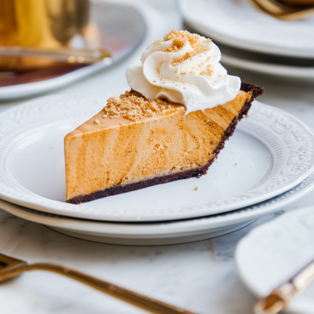 Slice of frozen pumpkin pie with dark crust, topped with whipped cream and crumbs, on a white plate.