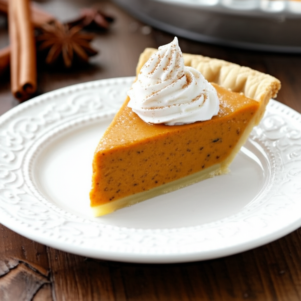 Butternut squash pie slice with flaky crust, topped with whipped cream and cinnamon, on a white plate.