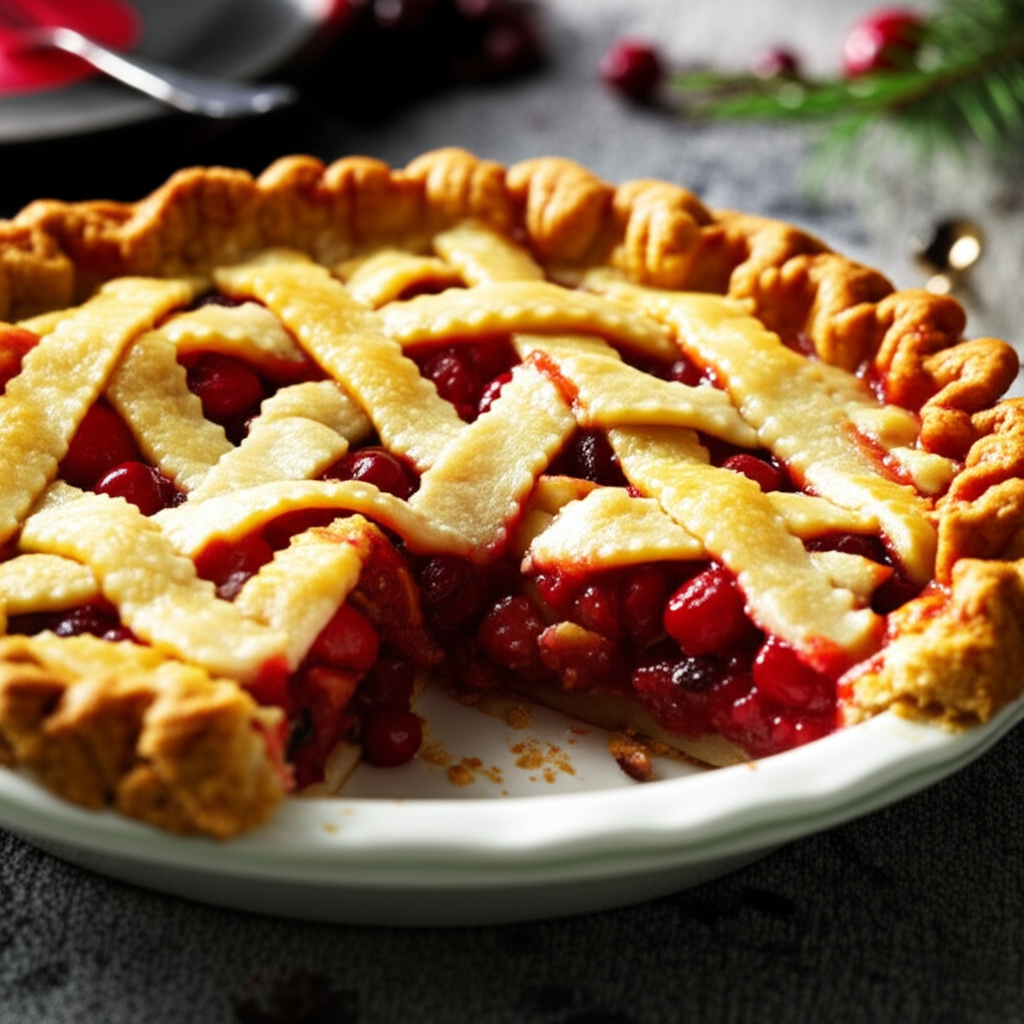 Christmas pie with lattice crust, filled with bright red cherries, slice removed.