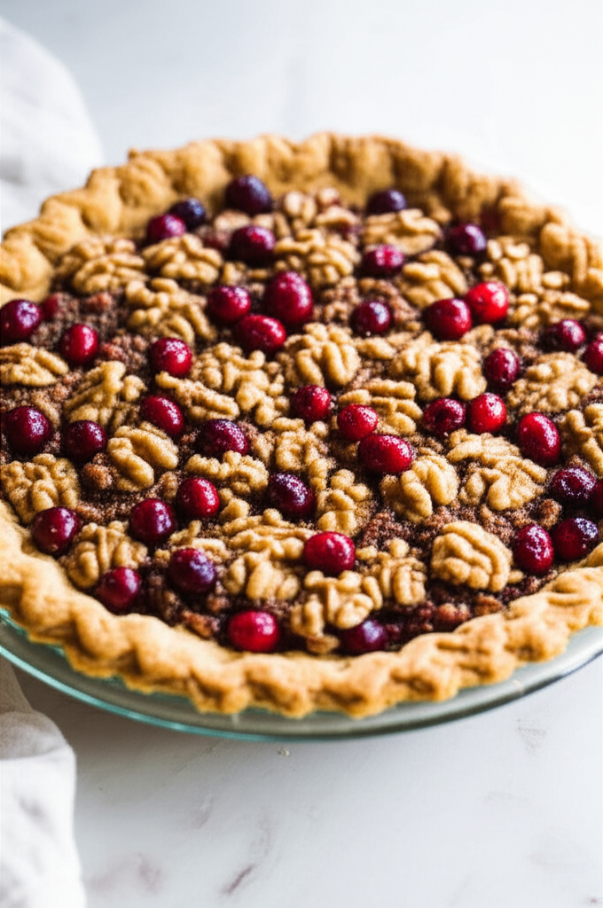 Baked cranberry walnut pie with a golden crust, arranged in a glass dish.