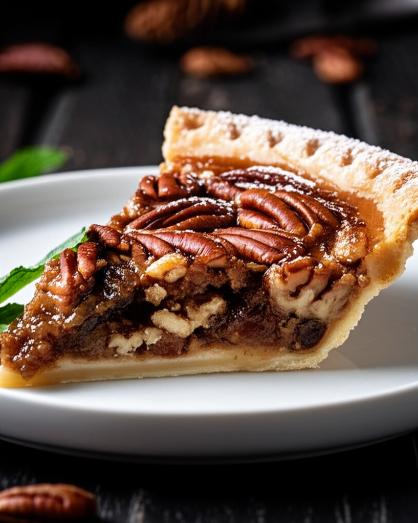 Slice of pecan chess pie on a white plate, garnished with mint and powdered sugar.