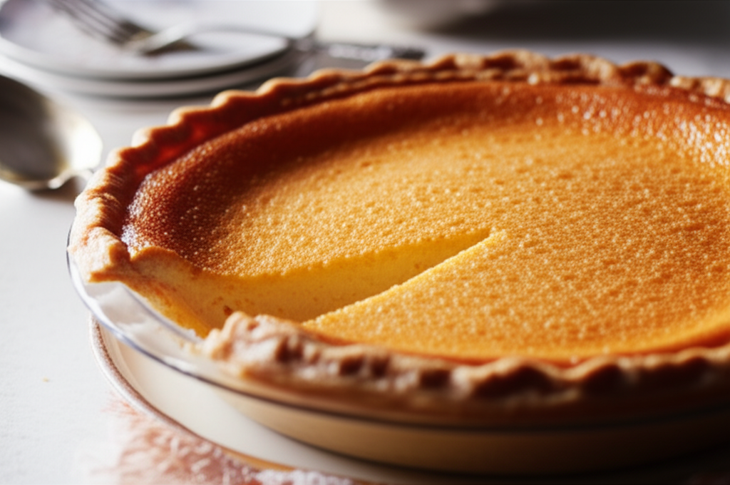 Buttermilk pie with golden-brown crust, slice removed, showing creamy yellow filling.