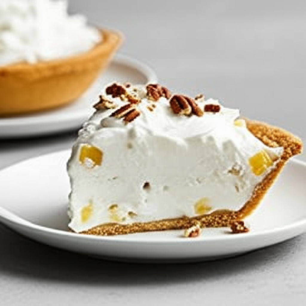 Slice of Cool Whip pie with pecans on a white plate. Pie has a graham cracker crust and fruit filling.