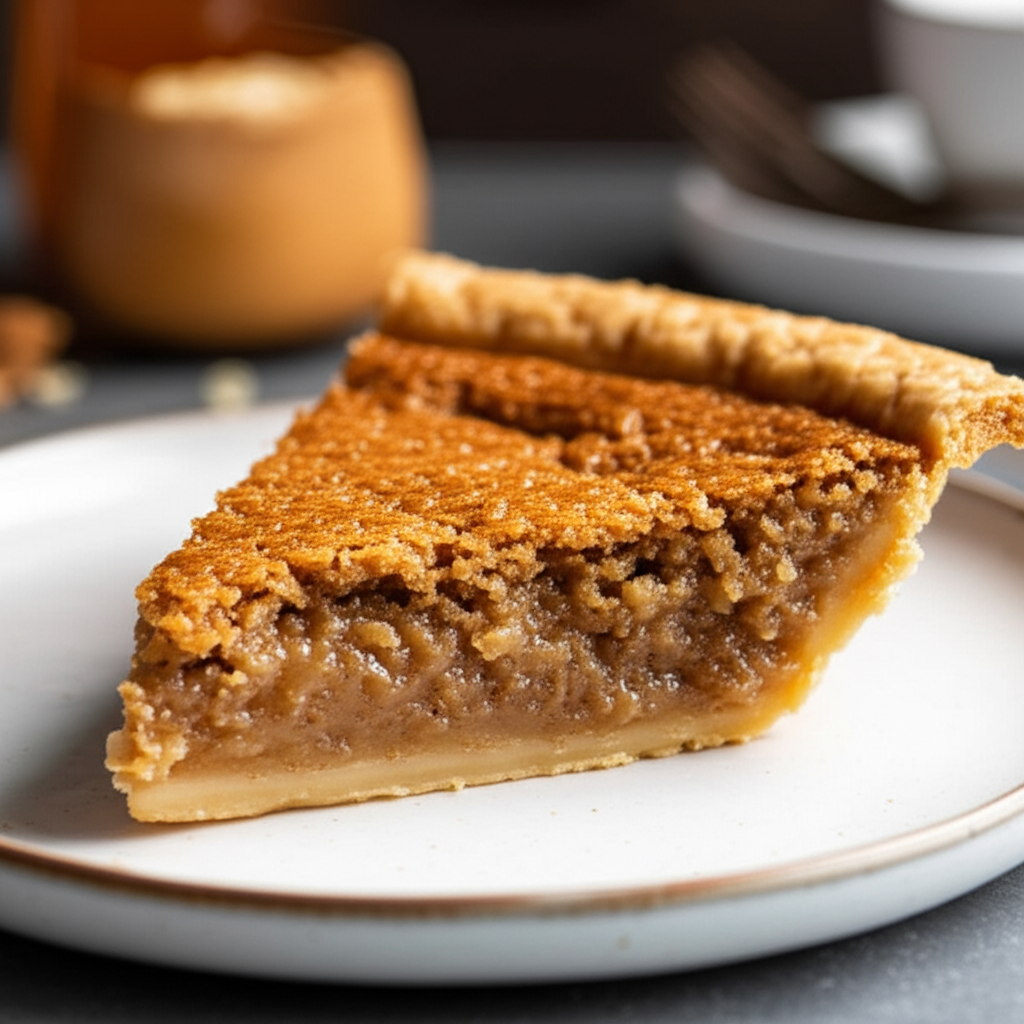 Slice of baked oatmeal pie with golden crust on a white plate.
