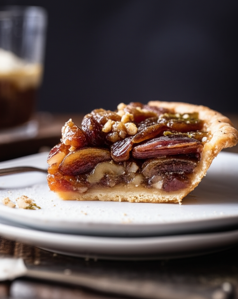 Slice of date pie with flaky crust, topped with dates and walnuts on a white plate.