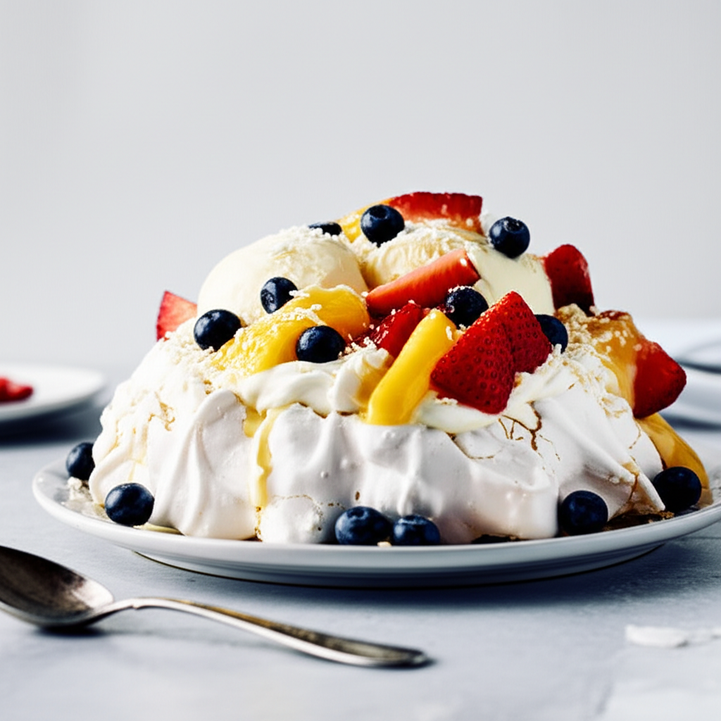 Meringue crust dessert topped with whipped cream, fruit, and ice cream on a white plate.