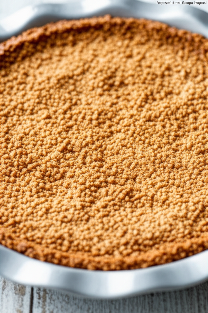 Baked pretzel pie crust in a silver pie dish, showing a textured, golden-brown surface.