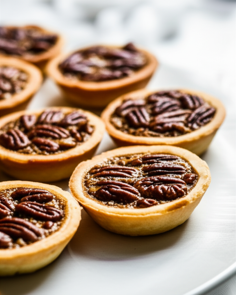 Mini pecan tarts with golden crusts and glossy, dark pecan filling, arranged on a white surface.