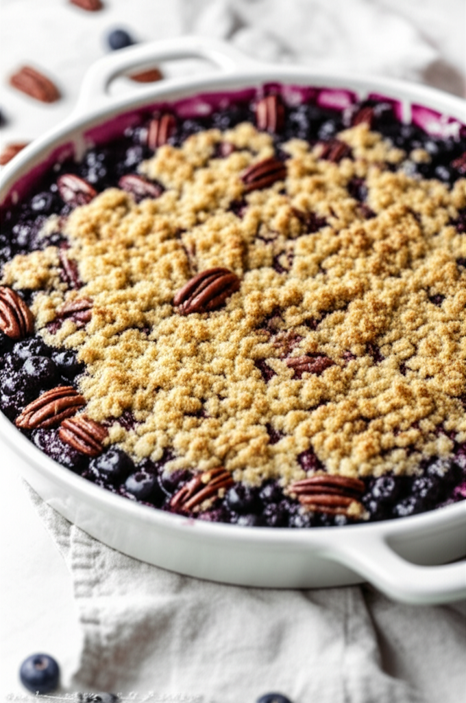 Baked blueberry crisp in white dish, topped with golden crumble and pecans.