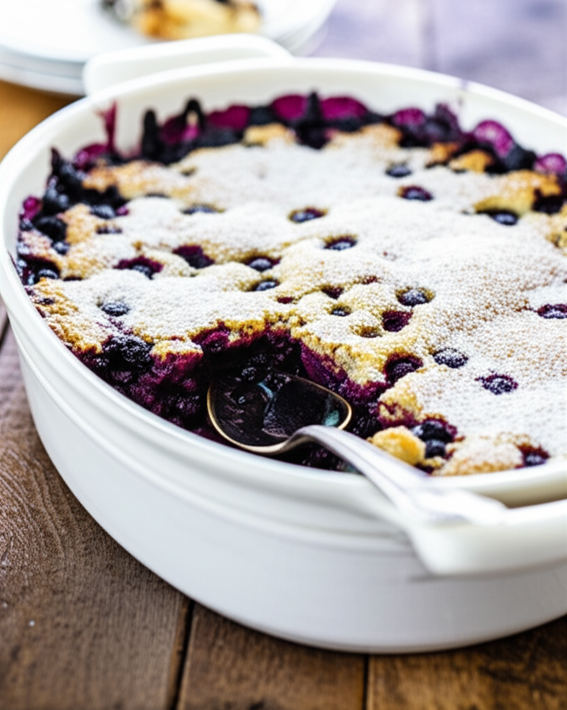 Baked blueberry cobbler in white dish, topped with powdered sugar and a spoon.
