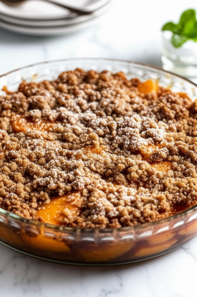 Baked fruit cobbler in glass dish. Golden-brown crumble topping dusted with powdered sugar.