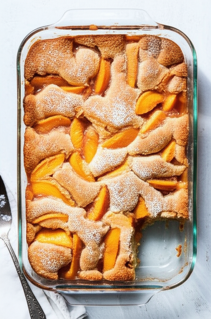 Baked peach cobbler in a glass dish, golden crust dusted with powdered sugar, one serving removed.