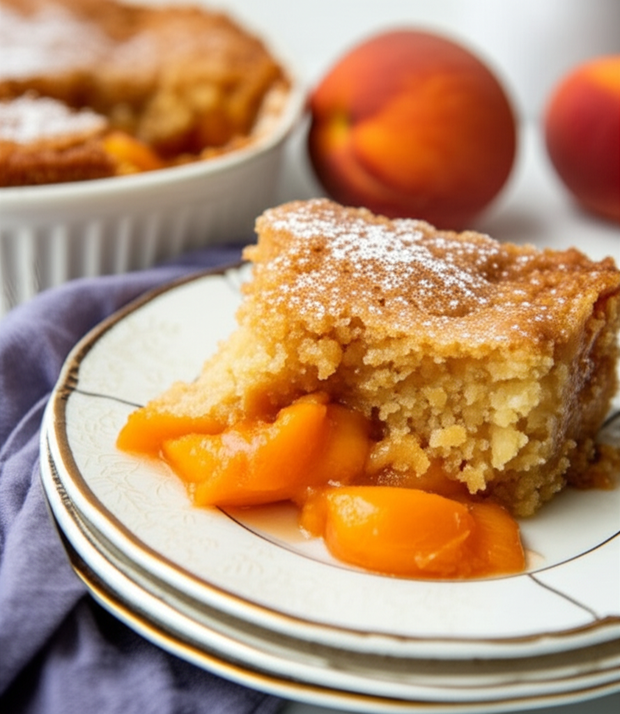 Peach cobbler slice on plate, topped with powdered sugar and peach slices.