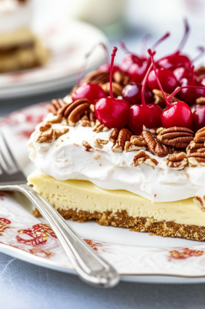 Slice of layered dessert with whipped cream, pecans, and bright red cherries on a patterned plate.