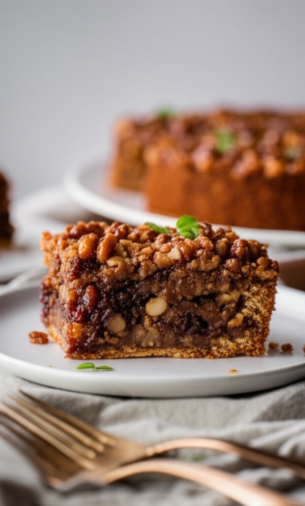 Slice of date nut torte on a white plate, topped with nuts and garnished with mint.