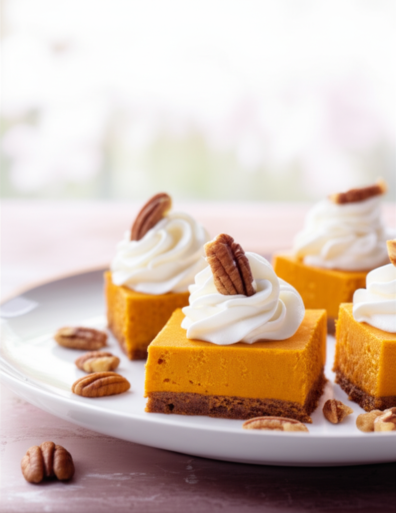Pumpkin ice cream squares with graham cracker crust, topped with whipped cream and pecan halves on a white plate.