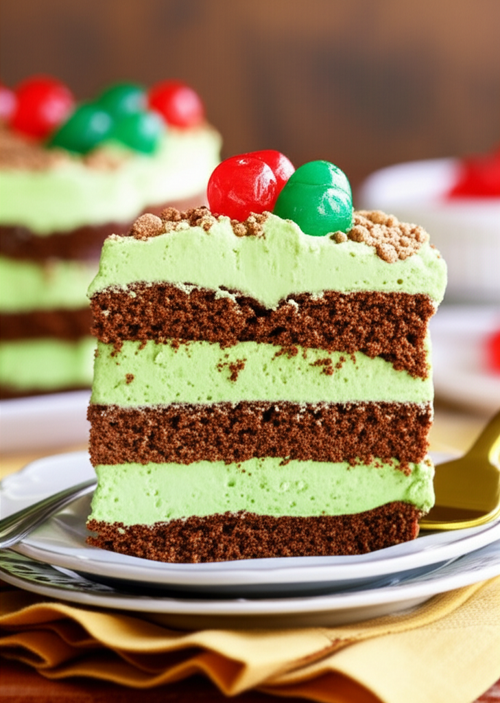 Slice of layered chocolate cake with green frosting, topped with red and green candied cherries.