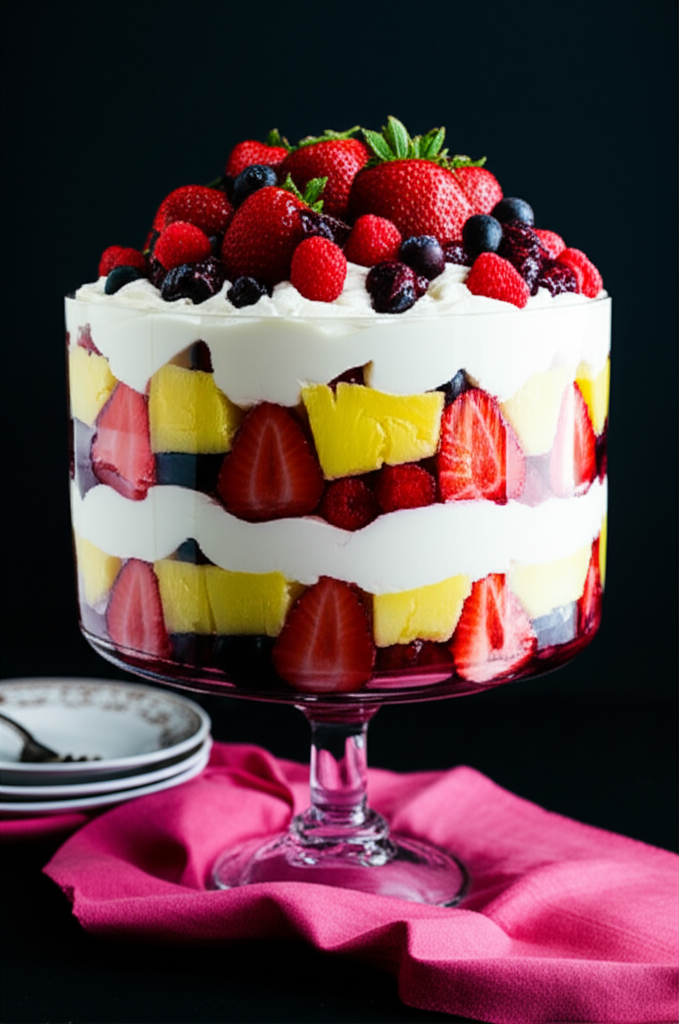 Layered English trifle in glass bowl. Topped with whipped cream and fresh strawberries, raspberries, and blueberries.