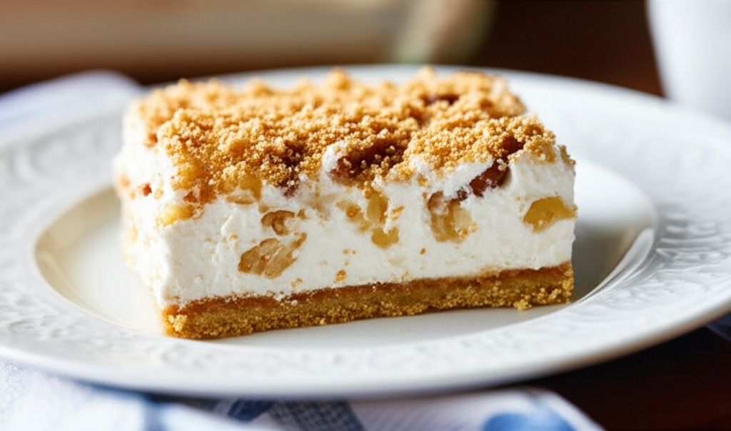 Square of pecan dessert on a plate, with graham cracker crust, creamy filling, and crumb topping.