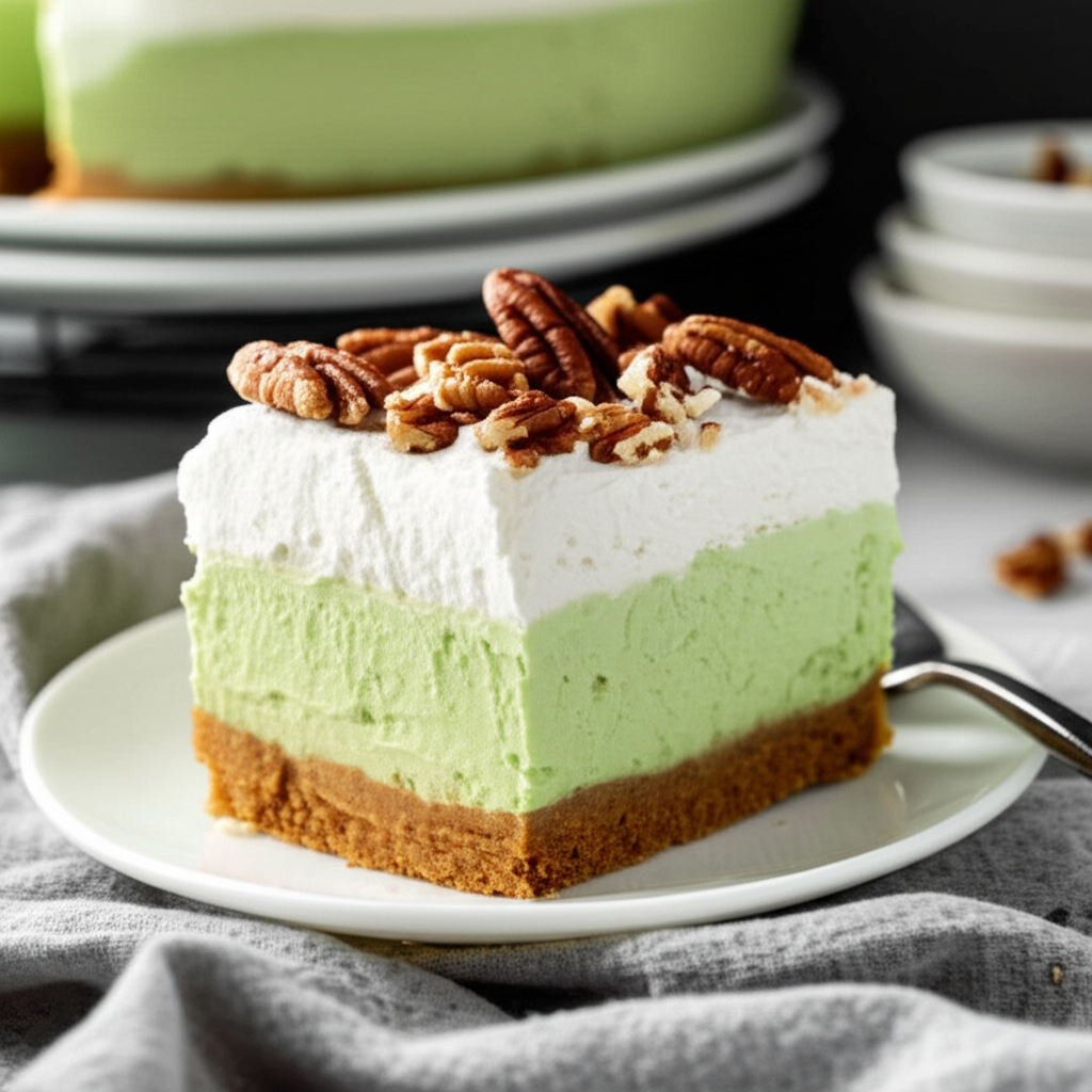 Slice of layered dessert: graham cracker crust, green filling, whipped topping, and pecans on a white plate.