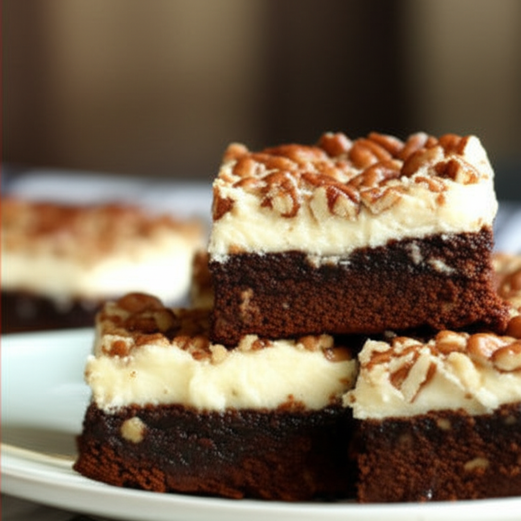 Stacked German chocolate chess squares. Brownie base, creamy topping, and pecan pieces.
