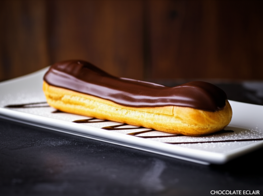 Golden eclair with smooth chocolate glaze, served on a white plate with chocolate drizzle.