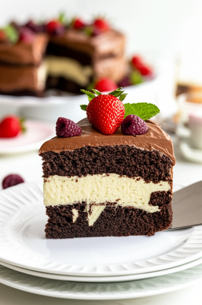 Slice of layered chocolate cake with creamy filling, chocolate frosting, topped with strawberry, raspberries, and mint.