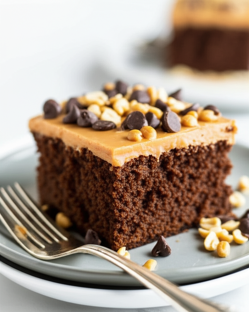 Slice of chocolate cake with peanut butter frosting, topped with peanuts and chocolate chips, served on a plate with a fork.