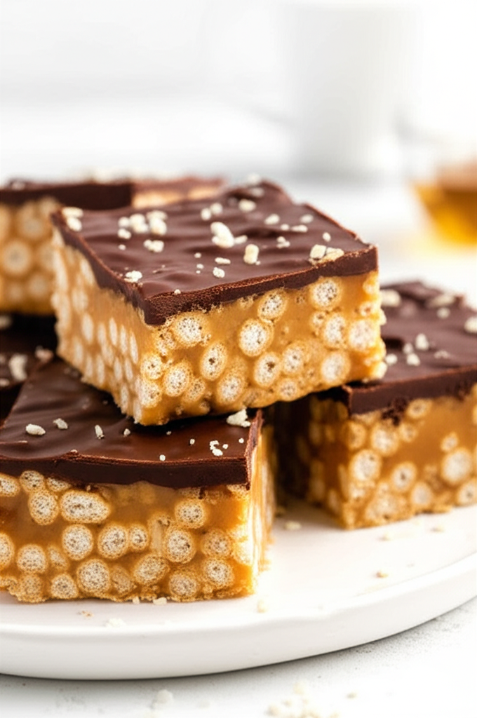 Stacked chocolate honey-nut squares: puffed cereal base, caramel layer, chocolate topping with sprinkles.