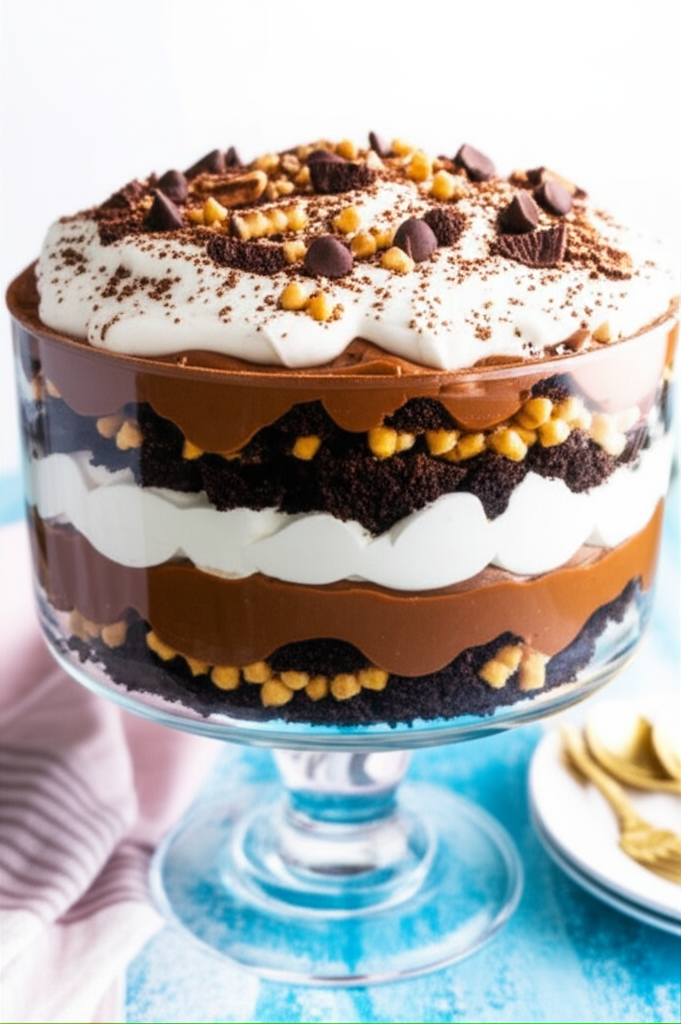 Layered chocolate trifle in glass bowl: brownie chunks, chocolate pudding, whipped cream, peanut butter chips, and chocolate chips.
