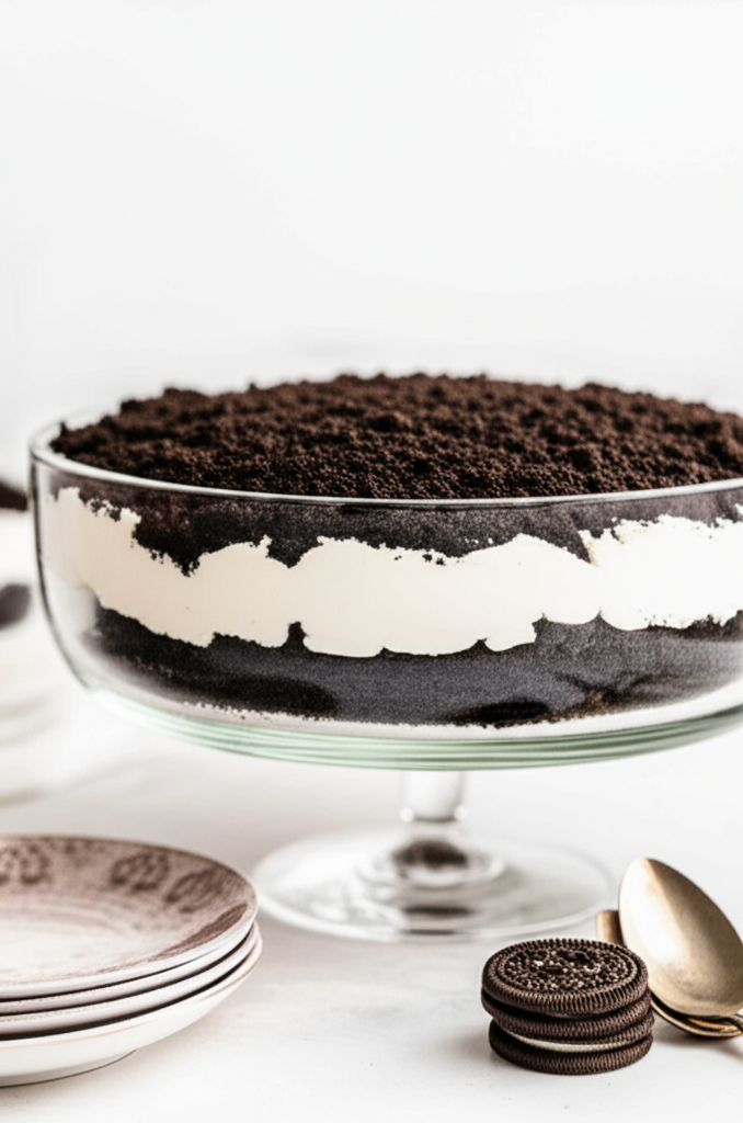 Layered dessert in glass trifle bowl: crushed chocolate cookies, white cream filling, cookie garnish.