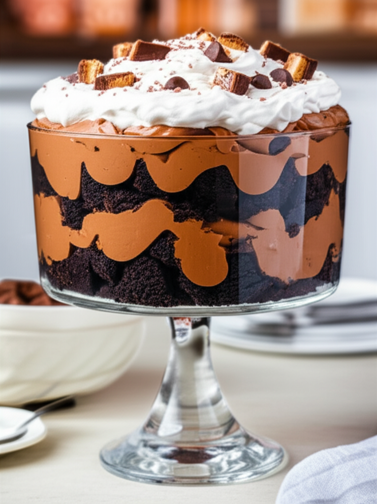 Layered chocolate trifle in glass bowl: cake, mousse, whipped cream, chocolate chips, and candy pieces.