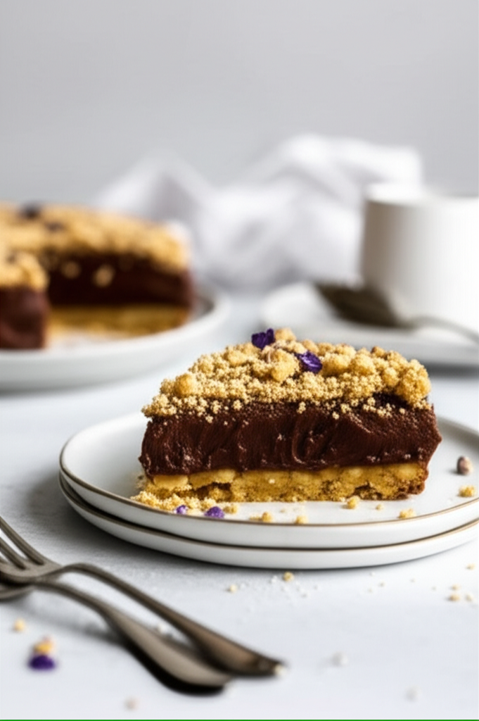 Slice of chocolate tart with nut crumble topping on a white plate, garnished with edible flowers.