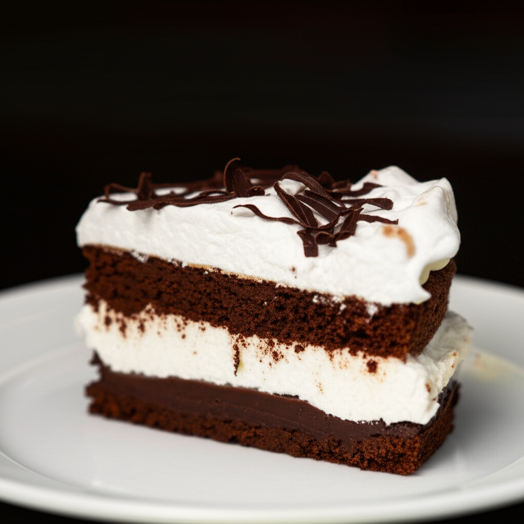 Slice of chocolate strata with layers of cake, cream filling, and chocolate shavings on top.