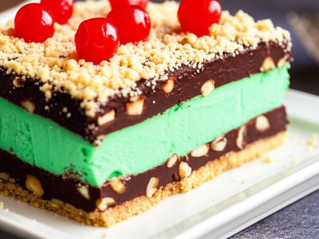 Layered dessert bar with chocolate, mint, nuts, crumb topping, and maraschino cherries.