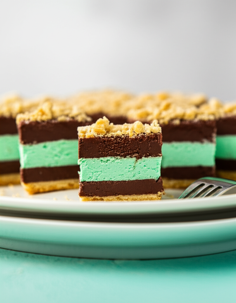 Stacked chocolate mint squares with crumb topping on a light blue plate.